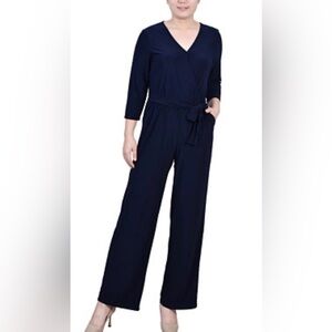 NY Collection Navy Three-Quarter Sleeve Belted Jumpsuit